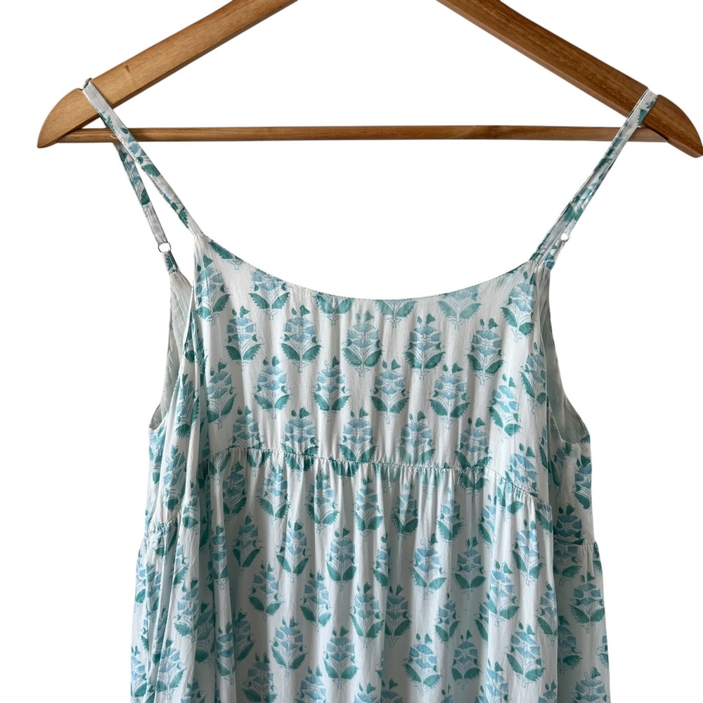 J. Marie Blue Block Print Tiered A Line Midi Dress SZ XS Boho Flowy Beach - Picture 3 of 9